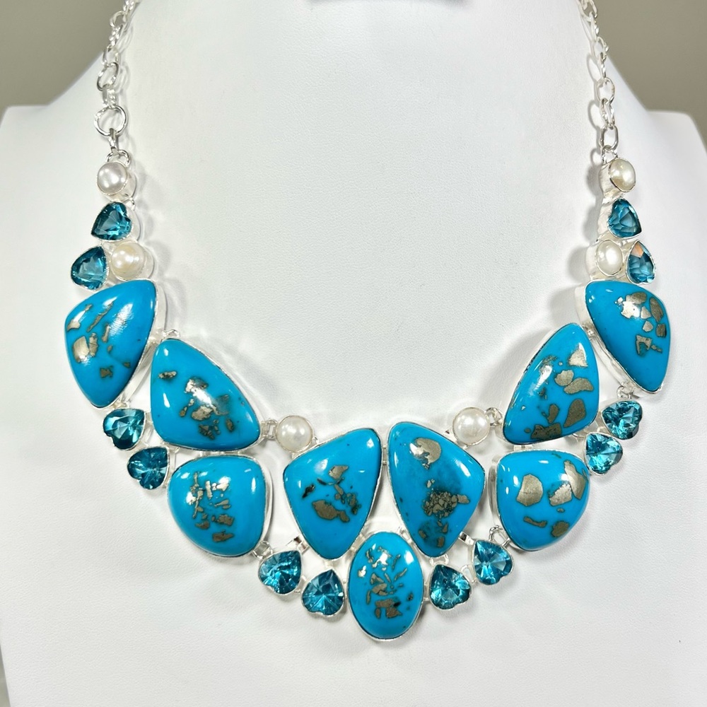 Synthetic Persian Turquoise Pearl 925 Large Gemstone Necklace